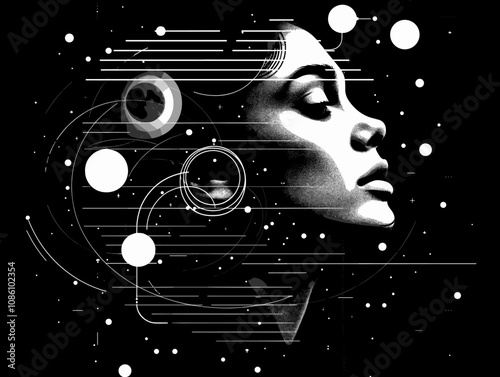 Woman's face is shown in a black and white photo with a galaxy background. The photo is abstract and has a dreamy, otherworldly feel to it