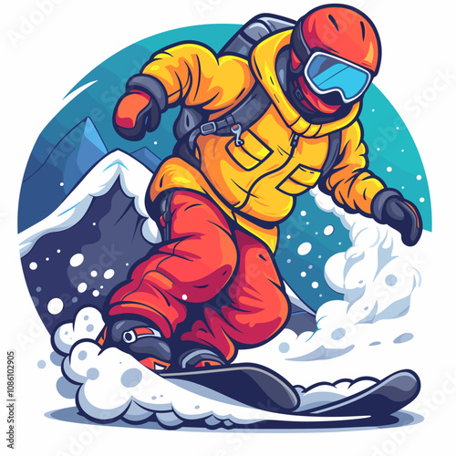 Cartoon of a snowboarder wearing a jacket and helmet. The snowboarder is in the middle of a snow-covered mountain
