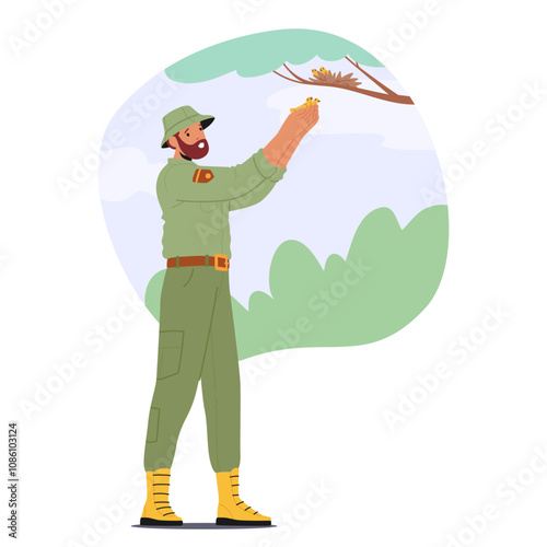 Forest ranger saving life of little birdie fallen down from nest during inspection in national park