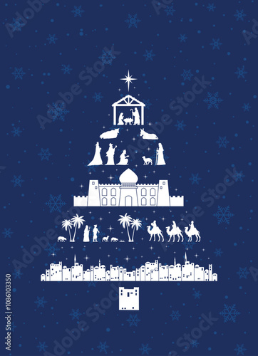 Christmas Nativity scene background. Christmas tree shape with nativity scene elements, on snowflakes background. Greeting card vector illustration.