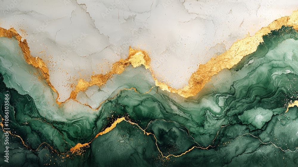 Abstract artwork featuring green and gold marbling patterns. Abstract artwork featuring green and gold marbling patterns.