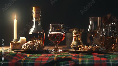 Celebrate Burns Night with a traditional Scottish feast featuring tartan patterns and fine whisky photo