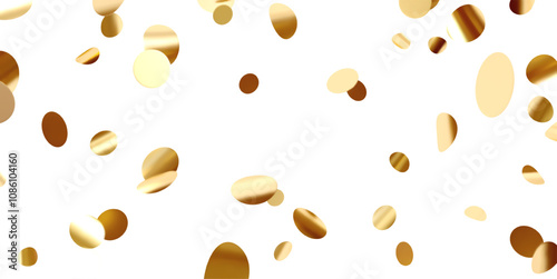 Falling shiny golden confetti, round glitter on a light bright background. Bright festive tinsel of gold color. Vector illustration