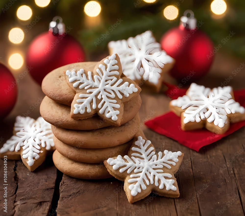 decorated holiday cookies arranged on a rustic wooden table against a background of twinkling lights decorated holiday cookies arranged on a rustic wooden table against a background of twinkling lights