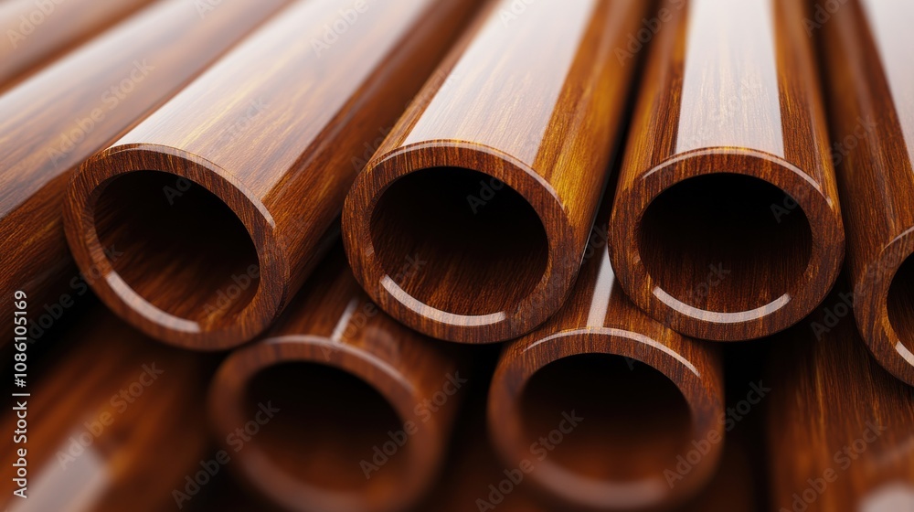 Close-up of polished wooden tubes, showcasing rich texture and warm colors, perfect for design and decor projects. Close-up of polished wooden tubes, showcasing rich texture and warm colors, perfect for design and decor projects.