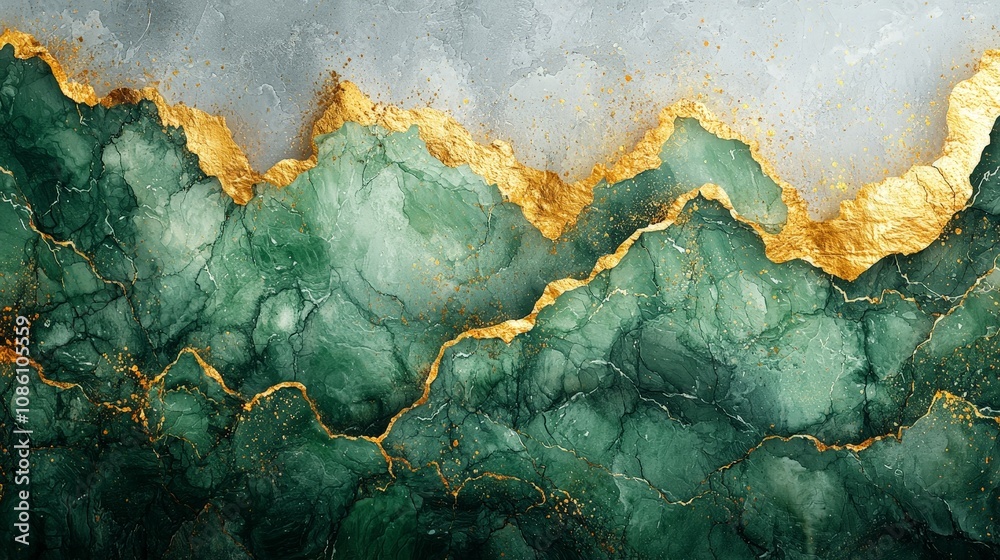 Abstract artwork featuring green and gold textures resembling mountains or landscapes. Abstract artwork featuring green and gold textures resembling mountains or landscapes.