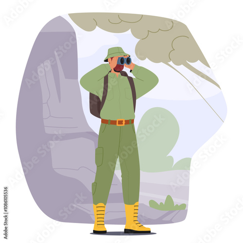 Forest ranger character in uniform looking through binocular making observation of natural park