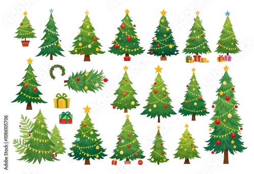 Set of Christmas trees of different shapes with garlands, balls and toys. Christmas trees in flat style on white background.