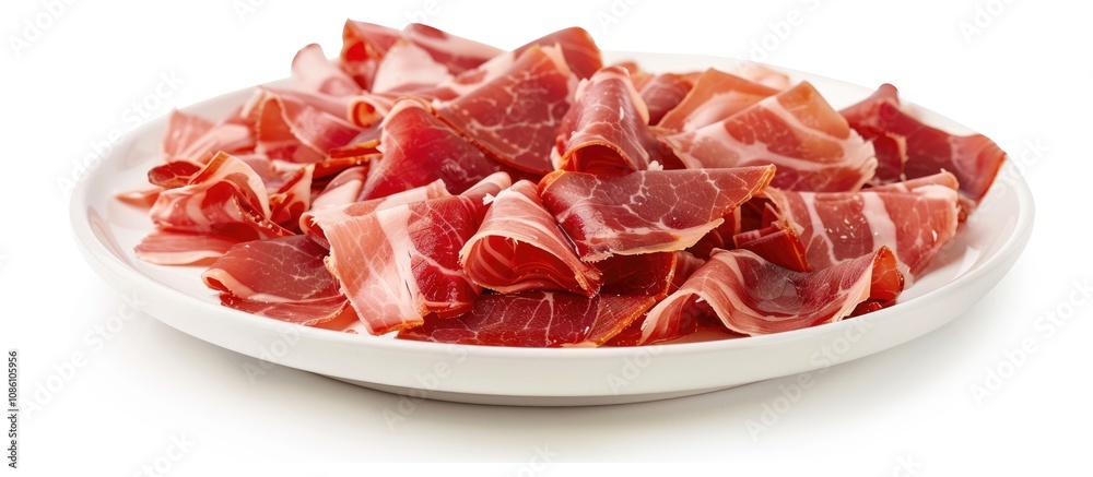 Parma Ham Slices on Plate Isolated on White Background