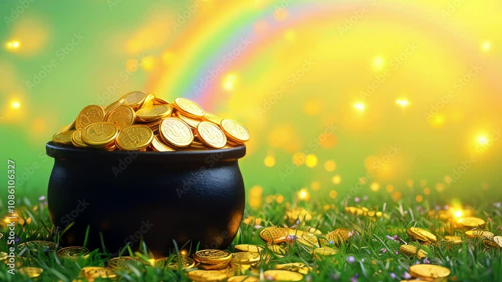 4K video animation of a black pot with golden coins on the grass, with a big rainbow on green background. Irish concept of prosperity and luck, St. Patrick's Day background.