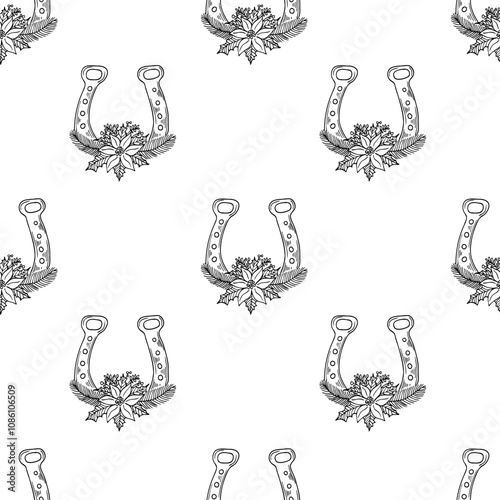 Christmas horseshoe with poinsettia flower outline seamless pattern. Western floral illustration.
