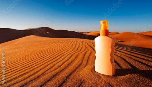 Sun protection in the desert. A bottle of sunscreen sits on the sand dunes under a bright blue sky.