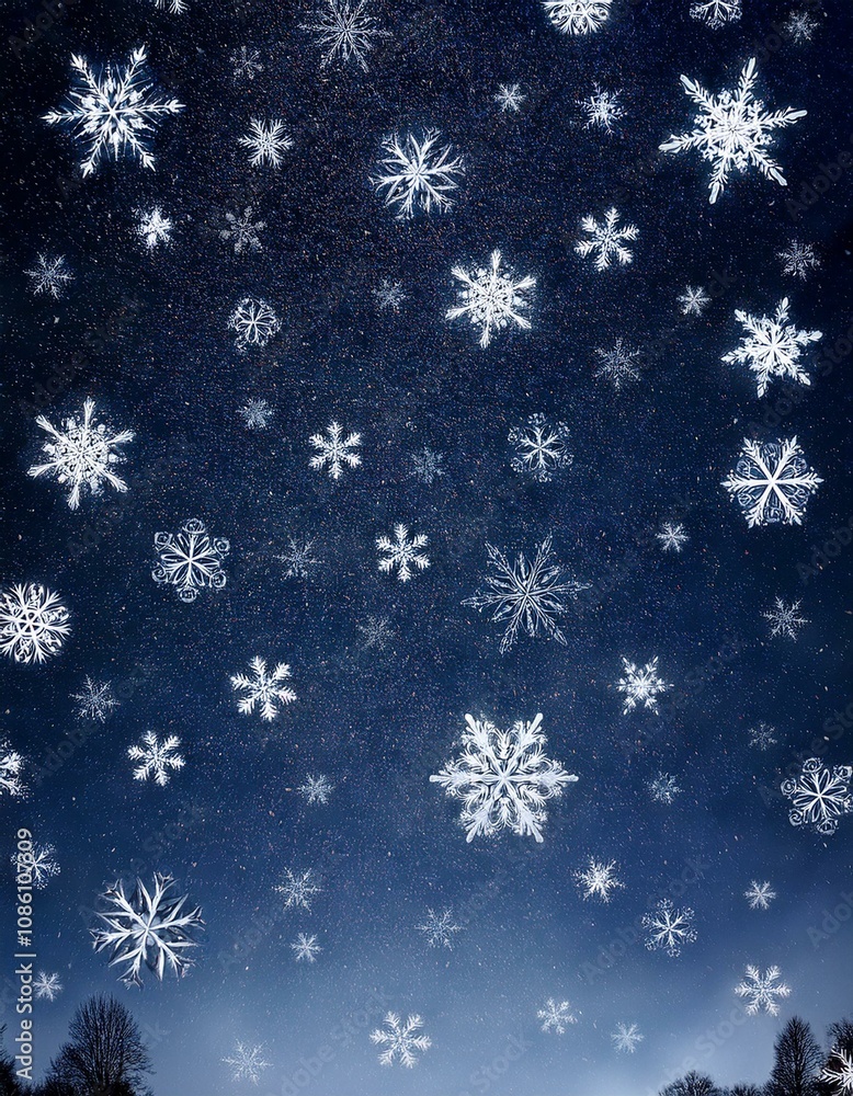 Winter wonderland: A breathtaking view of snowflakes falling against a twilight sky. Winter wonderland: A breathtaking view of snowflakes falling against a twilight sky.