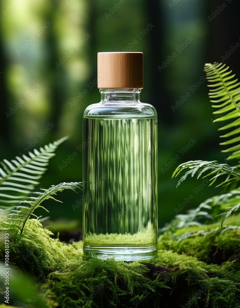 A glass bottle of essential oil sits on moss, surrounded by lush green ferns. Nature's essence. A glass bottle of essential oil sits on moss, surrounded by lush green ferns. Nature's essence.