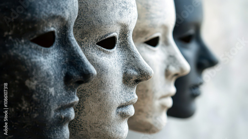Exploring identity and masks: dissociative identity disorder awareness. Horizontal banner. Copy space. World Mental Health Day. Bipolar disorder, manic depressive disorder photo