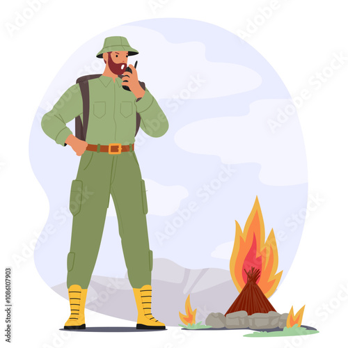 Man forest ranger character reporting on radio walkie-talkie about open fire among natural park