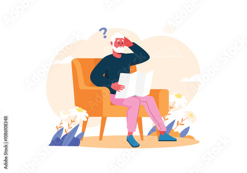 An elderly man looks puzzled while reading a book in an orange chair surrounded by flowers. Vector illustration
