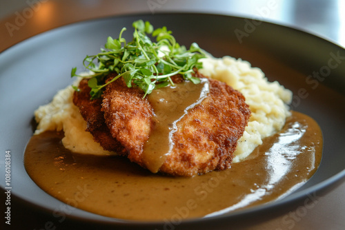 Chicken schnitzel with mash potato and gravy generative AI