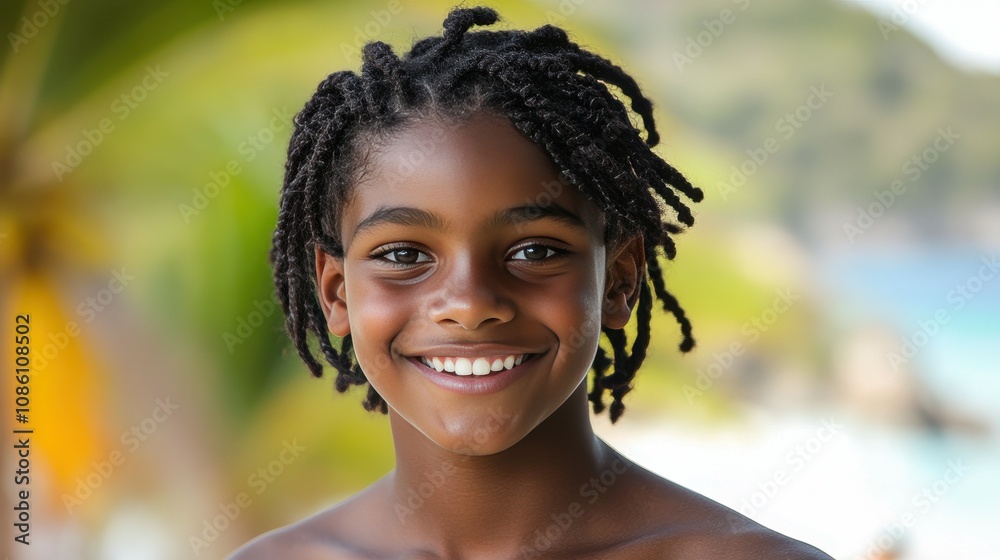 A young child with braided hair beams with a bright smile by the beach, enjoying a sunny day. The vibrant surroundings enhance the cheerful atmosphere A young child with braided hair beams with a bright smile by the beach, enjoying a sunny day. The vibrant surroundings enhance the cheerful atmosphere