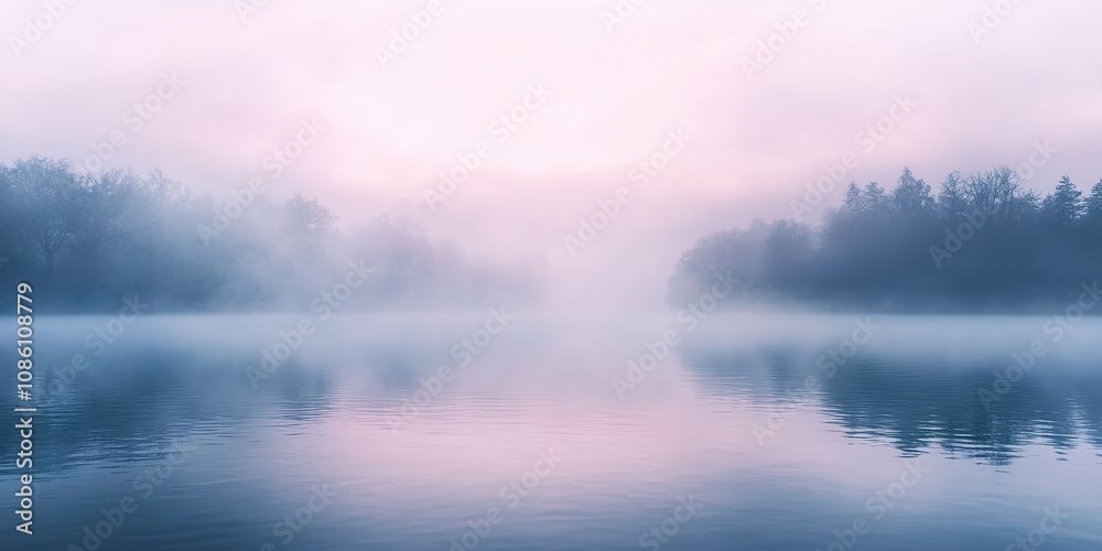 Peaceful Early Morning Mist Over Calm Water Reflecting Soft Pastel Colors Near a Serene Forest Landscape at Dawn Peaceful Early Morning Mist Over Calm Water Reflecting Soft Pastel Colors Near a Serene Forest Landscape at Dawn