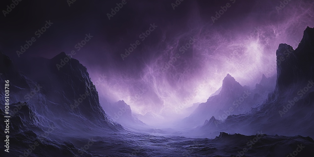 A Breathtaking View of a Mystical Landscape Under a Dark Sky Filled With Purple Clouds and Jagged Mountains at Dusk, Revealing a Sense of Depth and Beauty in Nature A Breathtaking View of a Mystical Landscape Under a Dark Sky Filled With Purple Clouds and Jagged Mountains at Dusk, Revealing a Sense of Depth and Beauty in Nature