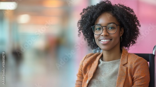 A young woman with curly hair and glasses sits confidently in a well-lit office environment, smiling brightly as she engages in conversation during the day