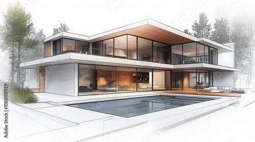 Architectural sketch of a modern minimalist house design with flat roofs and large windows surrounded by greenery