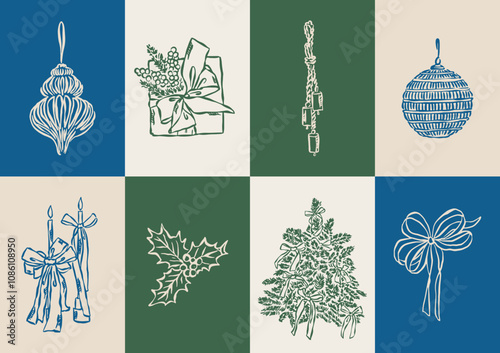 Christmas vector doodles collection. Art for greeting cards, wedding invitations, poster design, postcards, branding, logo design, background. Matisse style doodles.