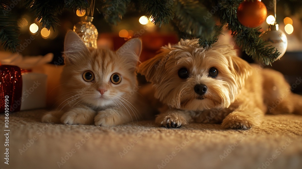 Naklejka premium Cute kitten and puppy under Christmas tree.