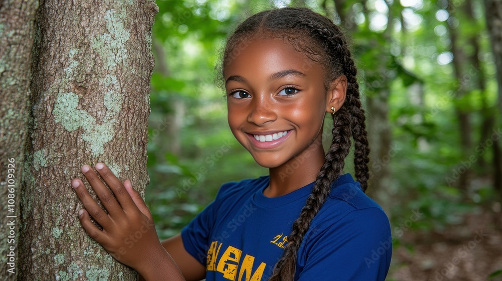 A cheerful girl with braided hair rests her hands on a tree trunk, surrounded by vibrant greenery in a sunny forest. Her joyful expression captures the essence of a summer day A cheerful girl with braided hair rests her hands on a tree trunk, surrounded by vibrant greenery in a sunny forest. Her joyful expression captures the essence of a summer day