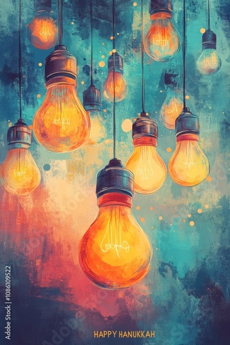 Happy Hanukkah Card with Light Bulbs, Winter Holidays, Festival of Lights, AI Generated