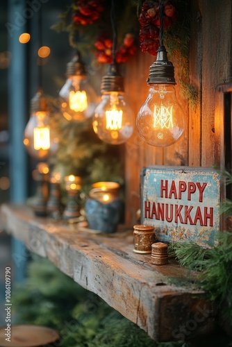 Happy Hanukkah Card with Light Bulbs, Winter Holidays, Festival of Lights, AI Generated photo