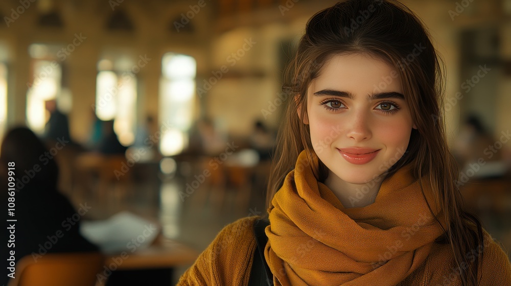 A young woman stands confidently with a warm scarf, smiling at the camera in a bustling library. Students are scattered around, immersed in their studies as sunlight streams in A young woman stands confidently with a warm scarf, smiling at the camera in a bustling library. Students are scattered around, immersed in their studies as sunlight streams in