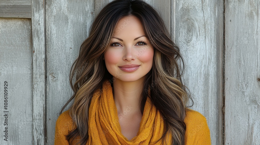 The woman stands confidently against a weathered wooden wall, dressed in a cozy yellow sweater. Her long, layered hair flows softly as she offers a bright smile, radiating warmth and positivity The woman stands confidently against a weathered wooden wall, dressed in a cozy yellow sweater. Her long, layered hair flows softly as she offers a bright smile, radiating warmth and positivity