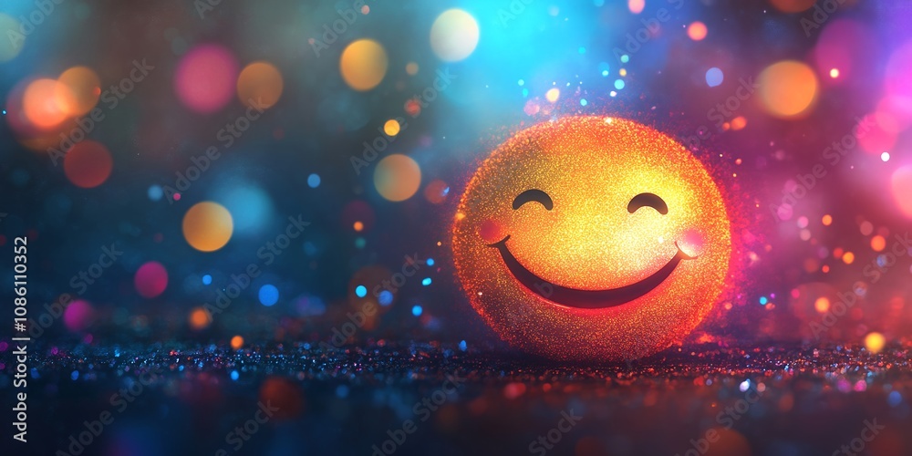 A Glowing Smiley Face Surrounded by Vibrant, Colorful Bokeh Lights Creating a Joyful Atmosphere at Night A Glowing Smiley Face Surrounded by Vibrant, Colorful Bokeh Lights Creating a Joyful Atmosphere at Night