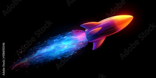 A Colorful Rocket Launches Into Space, Leaving a Vibrant Trail of Glowing Smoke Against a Dark Background, Symbolizing Exploration and Adventure in the Universe