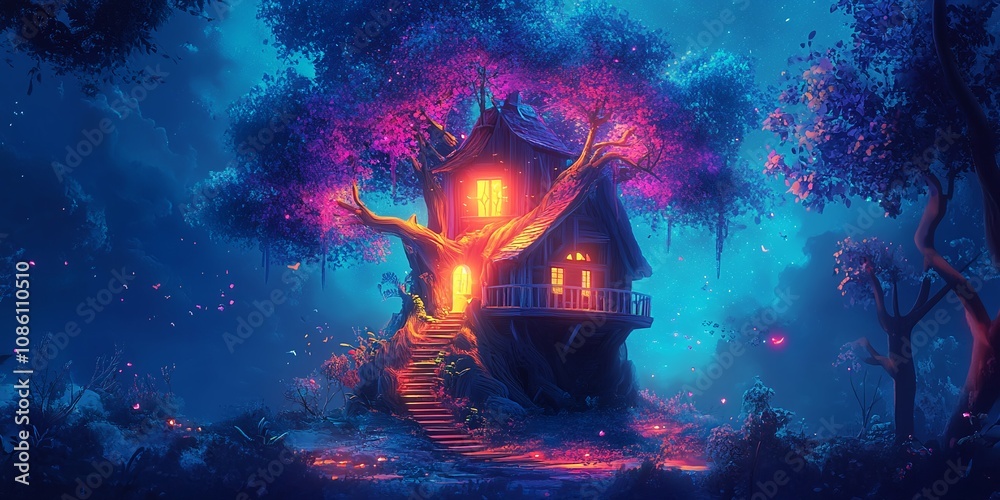 A Whimsical Treehouse Glows in the Moonlight, Nestled Among Vibrant Foliage and Illuminated by Warm Orange Lights, Creating a Magical Atmosphere in a Serene Forest at Night A Whimsical Treehouse Glows in the Moonlight, Nestled Among Vibrant Foliage and Illuminated by Warm Orange Lights, Creating a Magical Atmosphere in a Serene Forest at Night