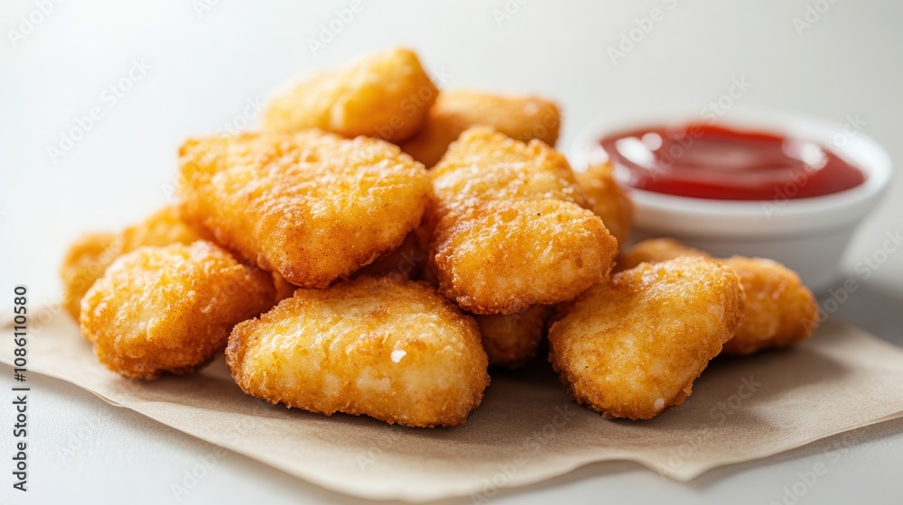 Delicious deep-fried nuggets served with tangy sauce on a light gray table for a tasty snack or meal any time of day Delicious deep-fried nuggets served with tangy sauce on a light gray table for a tasty snack or meal any time of day