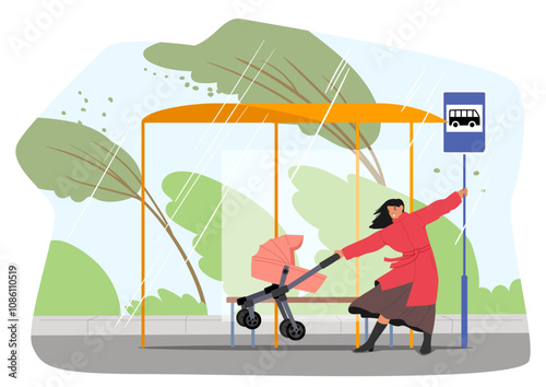 Young mother with baby stroller pushed by strong wind hiding under covered bus stop from rainfall