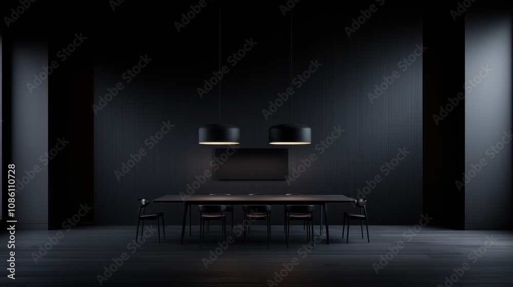 Fototapeta premium A black room with a table and chairs
