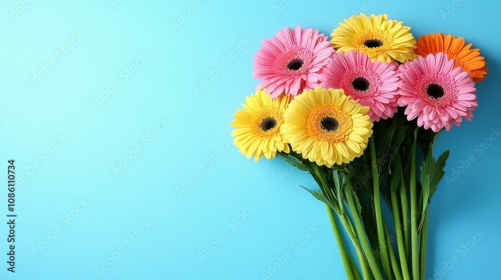 A vibrant bouquet features pink, yellow, orange, and peach gerbera daisies, beautifully arranged with green stems, set against a cheerful blue background A vibrant bouquet features pink, yellow, orange, and peach gerbera daisies, beautifully arranged with green stems, set against a cheerful blue background