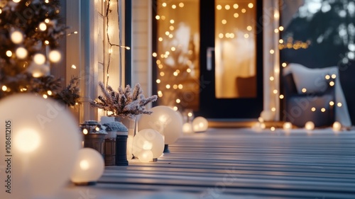 defocused Cozy winter porch with warm holiday lights and festive decorations