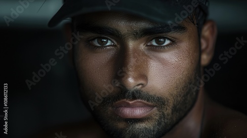 A man with a black hat and a beard is looking at the camera