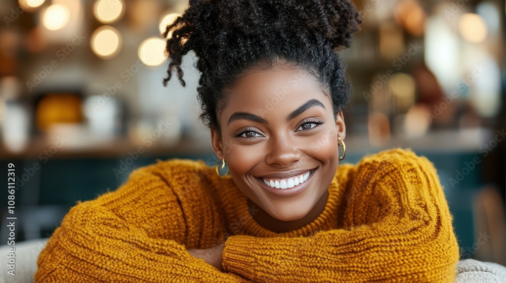 A joyful woman with curly hair sits comfortably in a cafe, wearing a warm sweater. She smiles broadly, creating a friendly and inviting vibe in the bright setting A joyful woman with curly hair sits comfortably in a cafe, wearing a warm sweater. She smiles broadly, creating a friendly and inviting vibe in the bright setting