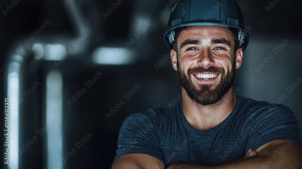 A man with a hard hat on is smiling and posing for a picture A man with a hard hat on is smiling and posing for a picture