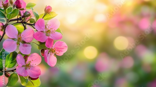 Delicate pink flowers bloom on branches, creating a stunning display in a lush garden. Sunlight filters through the petals, enhancing their beauty and warmth