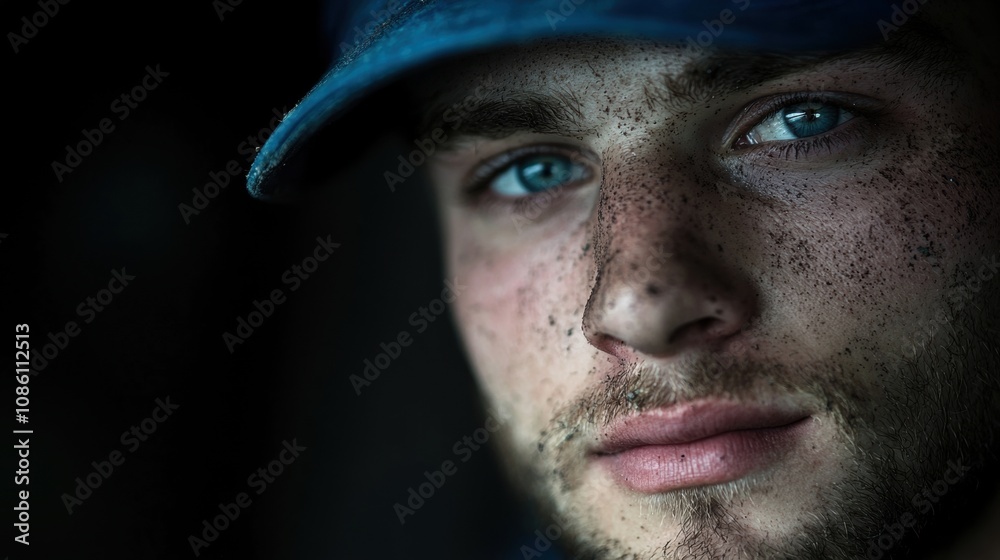 A man with a blue hat and a beard is looking at the camera A man with a blue hat and a beard is looking at the camera