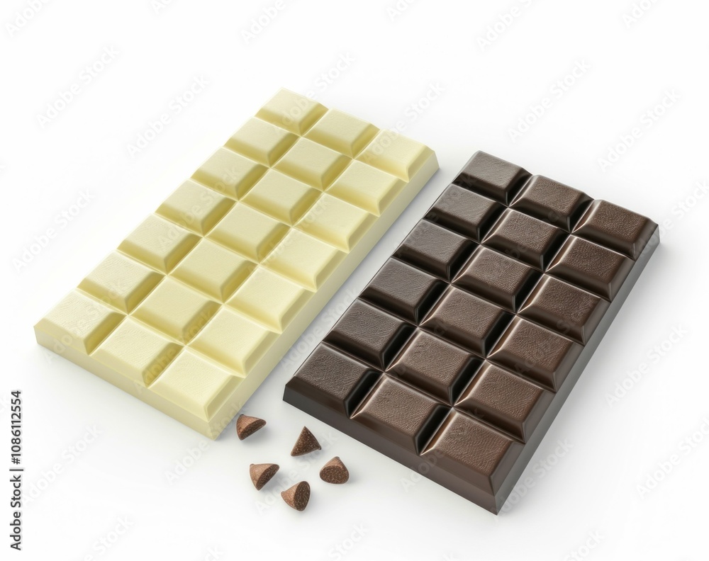 Chocolate bars, white and dark chocolate on a clean background, delicious and tempting treat, perfect for dessert, snacking or baking, appealing to chocolate lovers Chocolate bars, white and dark chocolate on a clean background, delicious and tempting treat, perfect for dessert, snacking or baking, appealing to chocolate lovers