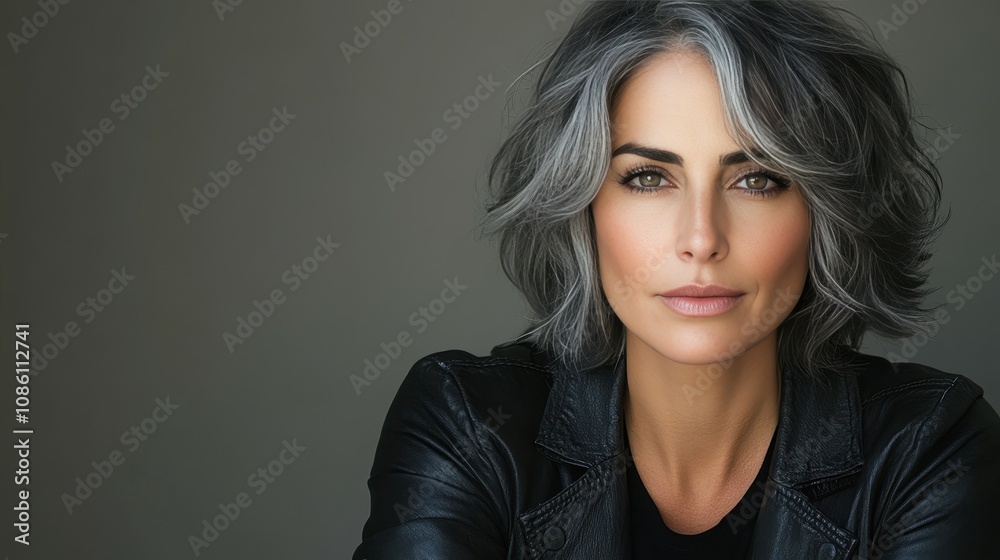 A stylish woman showcases her beautiful gray hair and captivating gaze while wearing a black leather jacket. The soft lighting highlights her elegant features A stylish woman showcases her beautiful gray hair and captivating gaze while wearing a black leather jacket. The soft lighting highlights her elegant features