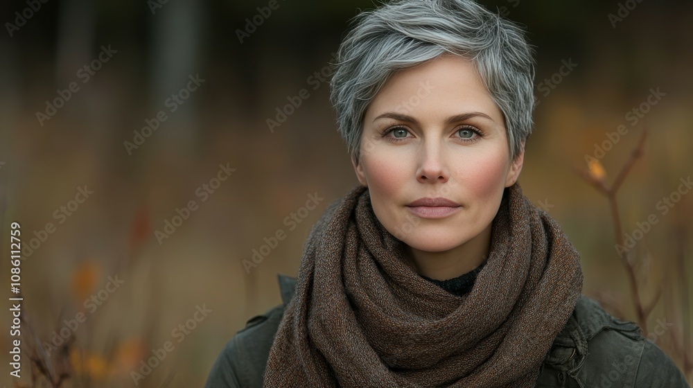 A woman with striking gray hair stands outdoors, wearing a warm scarf. Her calm expression conveys confidence as autumn colors surround her in a tranquil setting A woman with striking gray hair stands outdoors, wearing a warm scarf. Her calm expression conveys confidence as autumn colors surround her in a tranquil setting
